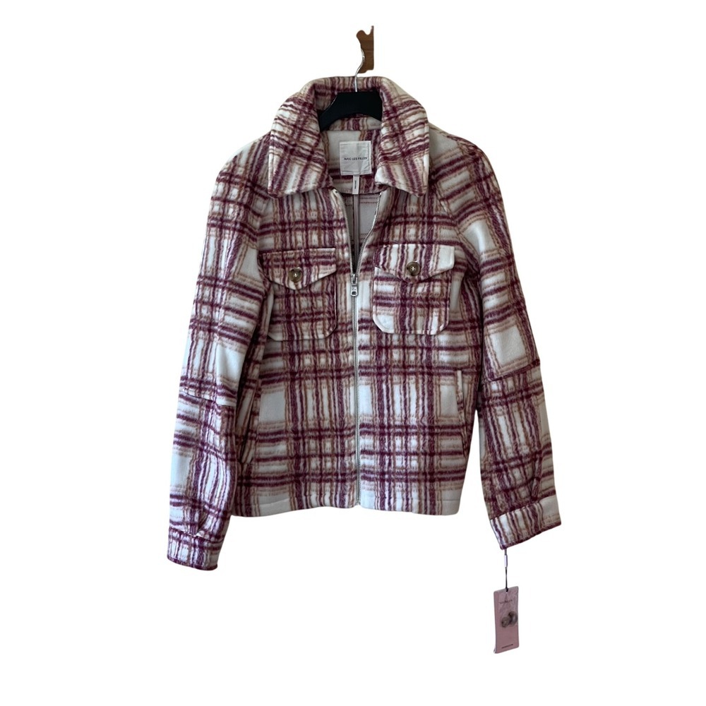 Avec Les Filles Plaid Shacket Jacket White Burgundy Collared Zip Up Small